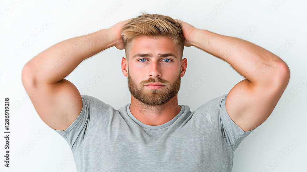 A confident Caucasian man with a well-groomed beard and muscular arms posing with hands behind his head. Concept of masculinity, fitness, and self-assurance. A confident Caucasian man with a well-groomed beard and muscular arms posing with hands behind his head. Concept of masculinity, fitness, and self-assurance.