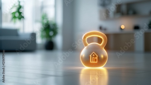 A glowing kettlebell with a house icon stands in a modern, minimalist living room.