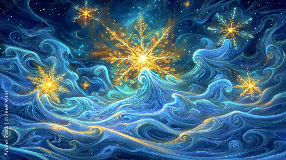 Obraz premium Painting of a blue and yellow star in the sky above tulips in a vibrant landscape
