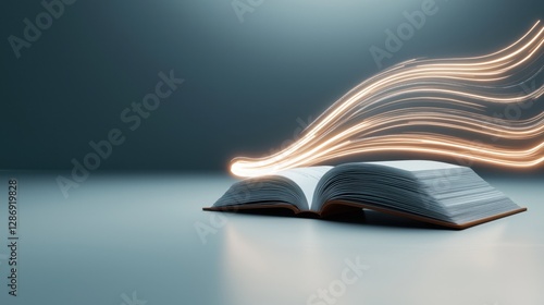 An open book with glowing light trails emerging from its pages, symbolizing the spread of knowledge and ideas.