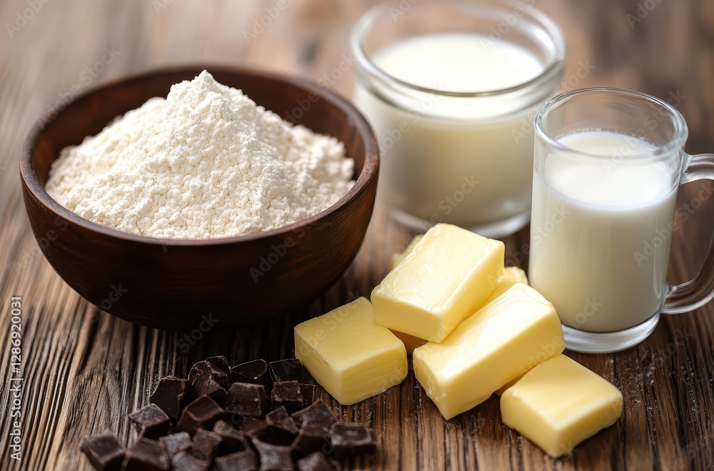 Ingredients for Baking with Flour, Milk, Butter, and Dark Chocolate on a Rustic Wooden Table Surface Ingredients for Baking with Flour, Milk, Butter, and Dark Chocolate on a Rustic Wooden Table Surface