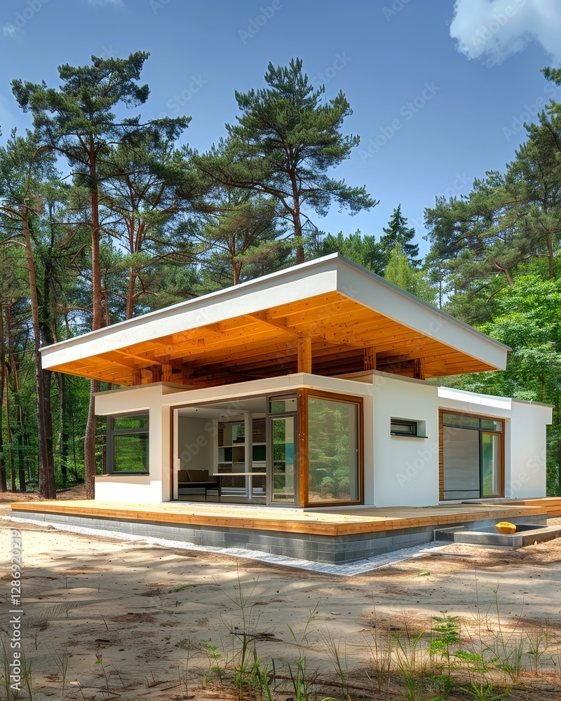 Contemporary wooden house extension in progress with eco friendly design and large windows