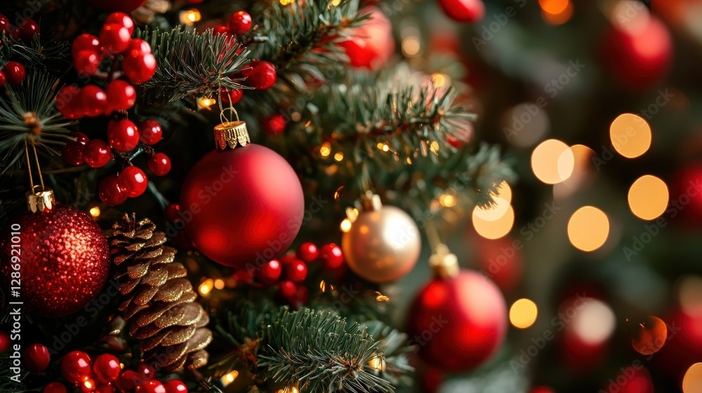 Decorated Christmas tree with red ornaments and lights Decorated Christmas tree with red ornaments and lights