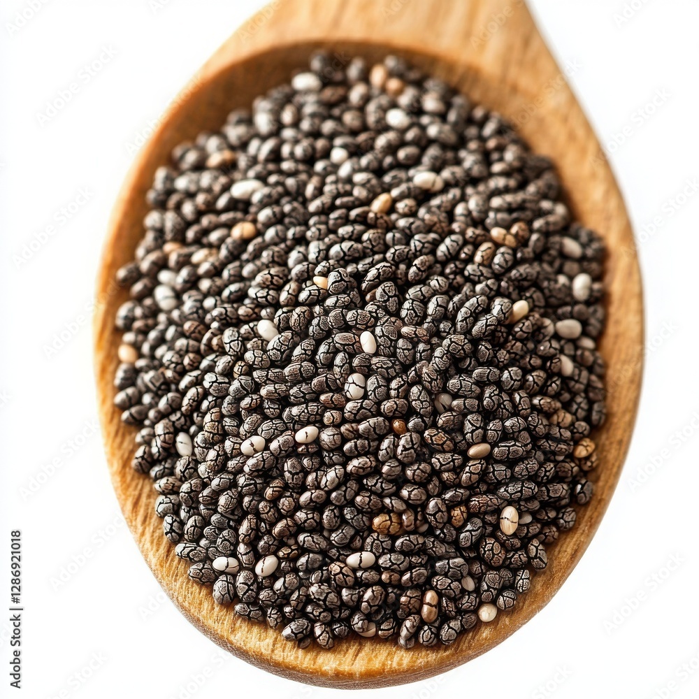 A wooden spoon brimming with chia seeds, showcasing their dark brown and speckled texture. A healthy and nutritious superfood. A wooden spoon brimming with chia seeds, showcasing their dark brown and speckled texture. A healthy and nutritious superfood.