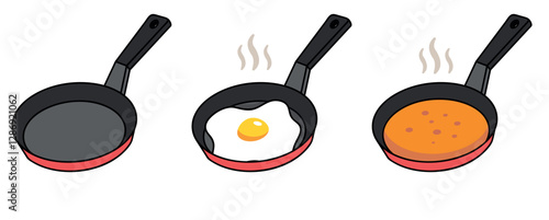 Isometric pan icons. Empty frying pan, egg frying pan and pancake frying pan