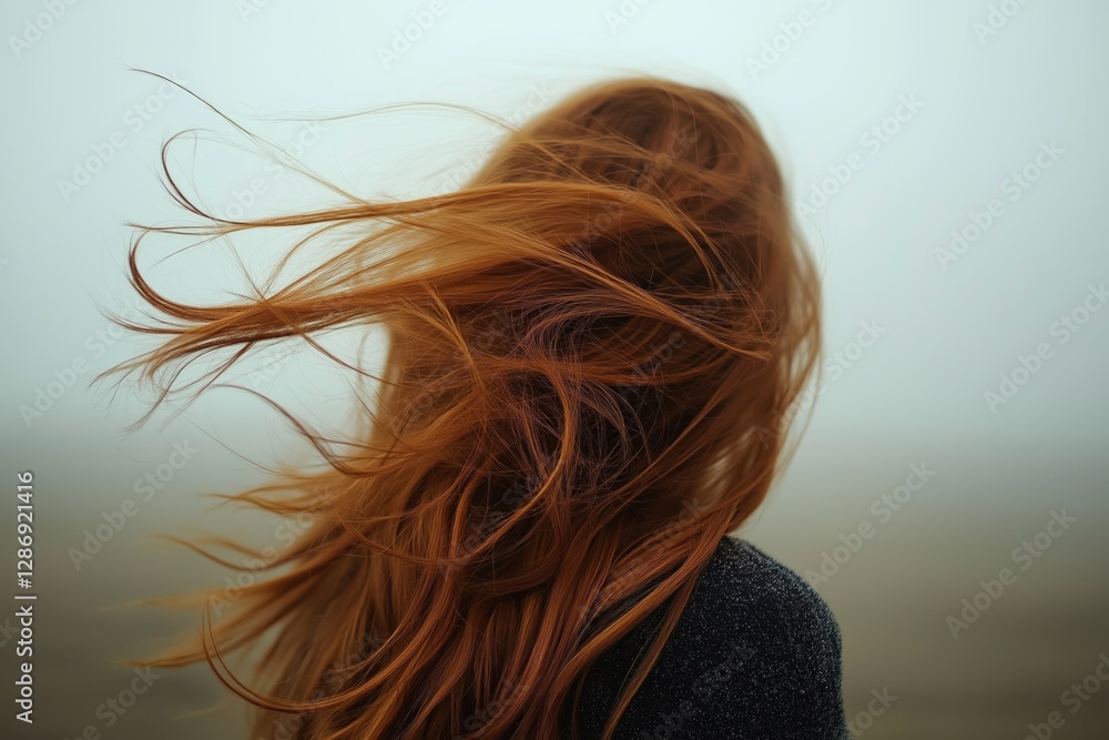 Obraz premium Back view of ginger woman with long, flowing red hair being blown by strong wind on foggy background.