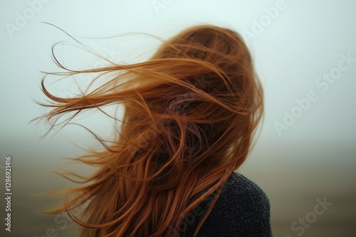 Wallpaper Mural Back view of ginger woman with long, flowing red hair being blown by strong wind on foggy background. Torontodigital.ca