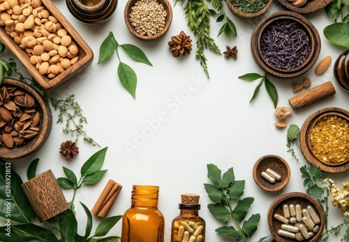 Wallpaper Mural Natural Ingredients and Herbal Remedies Displayed on White Background with Various Seeds, Leaves, and Oils for Wellness and Organic Lifestyle Promotion Torontodigital.ca