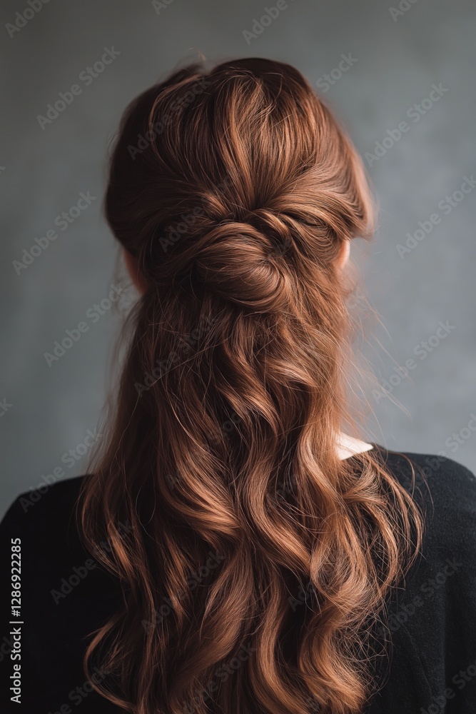 Naklejka premium Half-up, half-down hairstyle with loose waves and elegant knot at the nape of the neck seen from behind on light brown hair against grey background. 