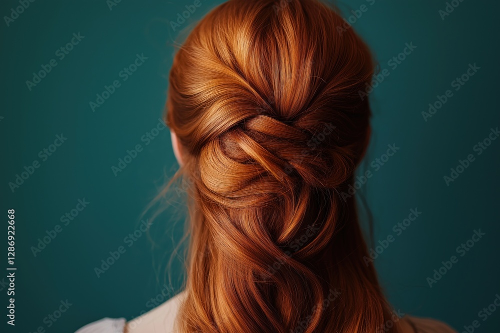 Fototapeta premium Back view of woman with ginger colored hair in long, half-updo hairstyle against teal background with copy space.