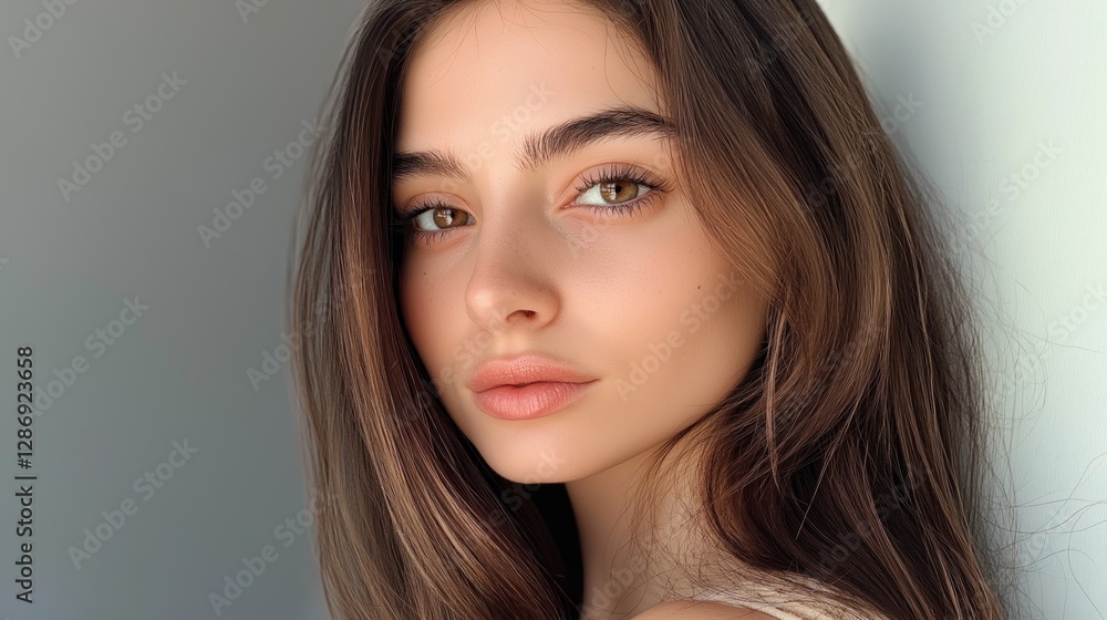 Attractive young Georgian or Armenian woman with long brown hair and green eyes, looking directly at the camera and smiling softly against light gray background with copy space. Subtle Confidence. Attractive young Georgian or Armenian woman with long brown hair and green eyes, looking directly at the camera and smiling softly against light gray background with copy space. Subtle Confidence.