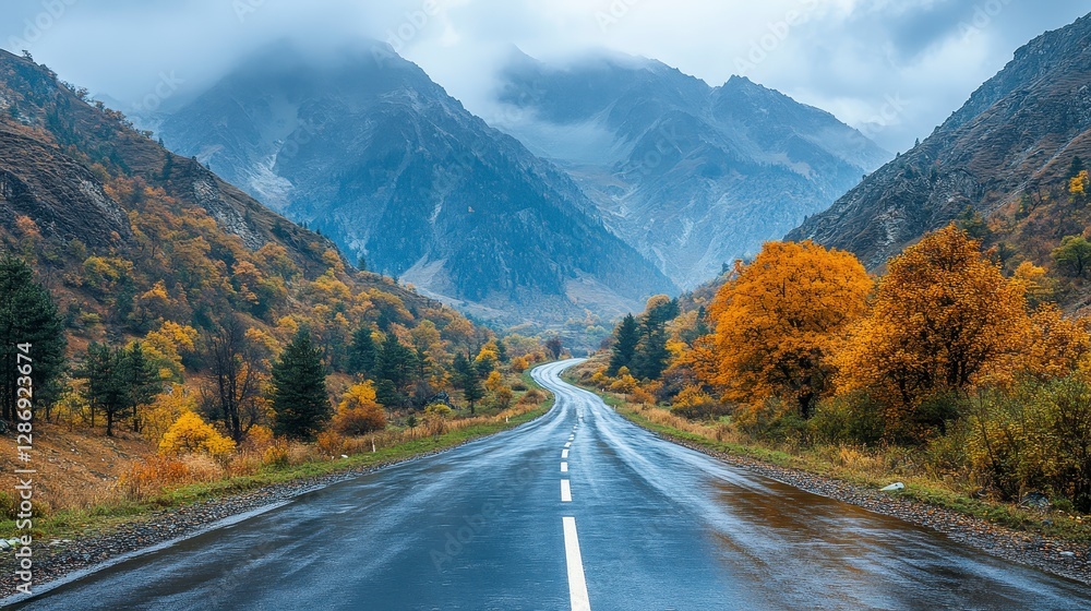 Fototapeta premium A winding road through mountains during a wet cloudy day