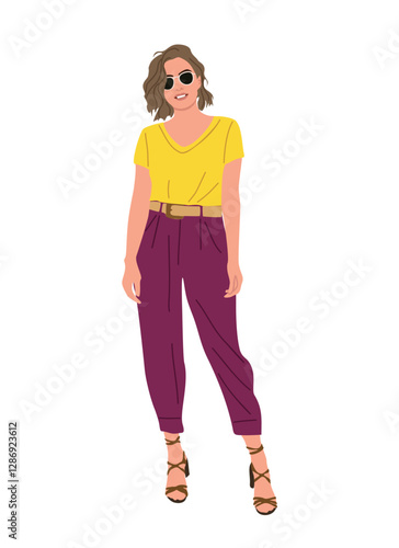 Modern business woman vector realistic illustration. Attractive girl standing in colorful smart casual summer office outfit and high heels. Isolated