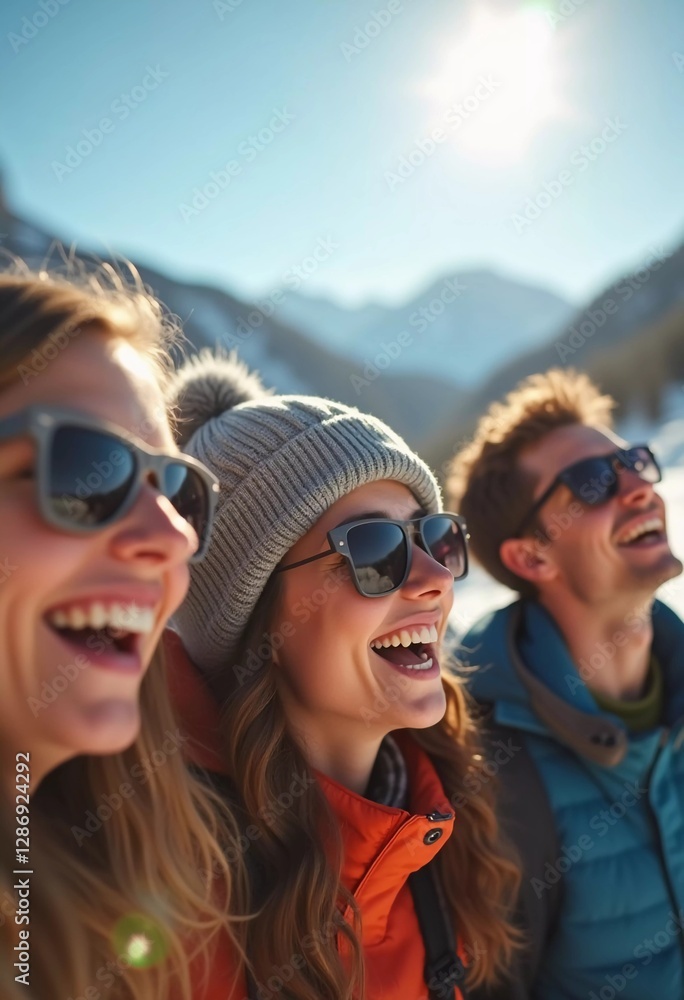 Friends gather in the snow, smiling and laughing while posing for a selfie. The bright sun shines over the scenic mountain landscape, creating a joyful atmosphere during ski trip. Generative AI Friends gather in the snow, smiling and laughing while posing for a selfie. The bright sun shines over the scenic mountain landscape, creating a joyful atmosphere during ski trip. Generative AI