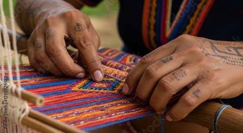 Indigenous hands meticulously weaving ancestral patterns on a vibrant loom