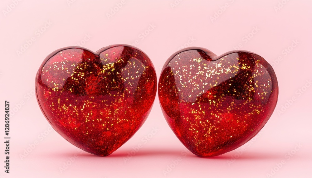 Two Red Glitter Hearts on Pink Background Two Red Glitter Hearts on Pink Background