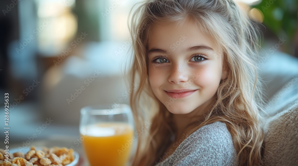 girl eating cereal and orange juice having breakfast girl eating cereal and orange juice having breakfast