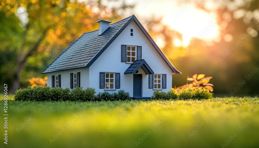 Miniature House Model in Green Grass Sunlight Miniature House Model in Green Grass Sunlight