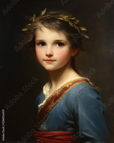 Retrato clásico de niña con corona de hojas y vestido azul