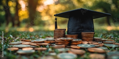 Graduation cap rests on stacks of coins symbolizing education costs