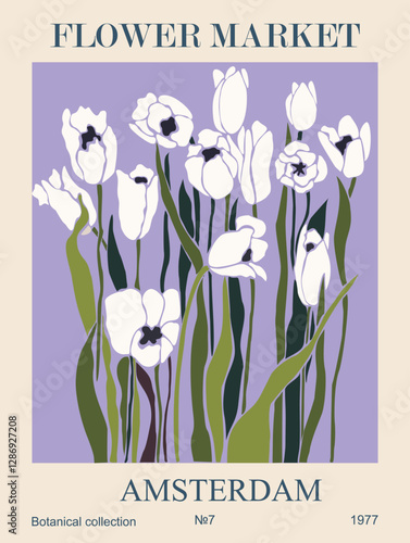 Abstract Flower Poster Flower market Amsterdam print. Trendy botanical wall art with floral design in bright purple and green colors. Modern groovy interior decoration, painting. Vector illustration.