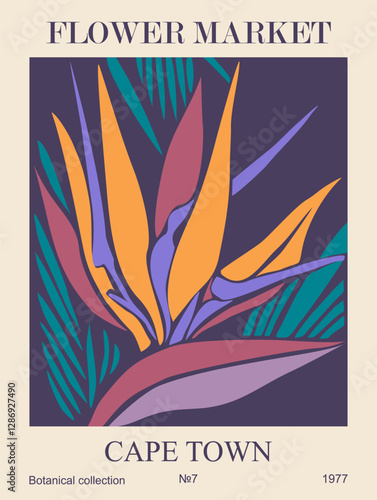 Abstract Flower Poster Flower market Cape Town print. Trendy botanical wall art with floral design in bright purple and orange colors. Modern groovy interior decoration, painting. Vector illustration.