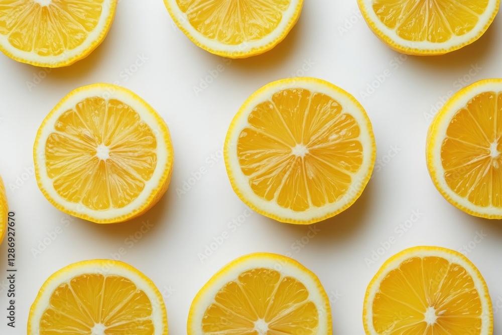 Fototapeta premium Slices of lemons arranged in a pattern on white