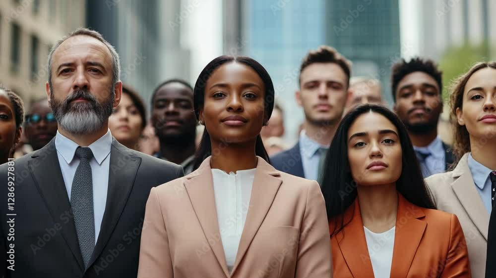A group of diverse business professionals stands together in an urban setting showcasing solidarity and a collective spirit on a busy day A group of diverse business professionals stands together in an urban setting showcasing solidarity and a collective spirit on a busy day