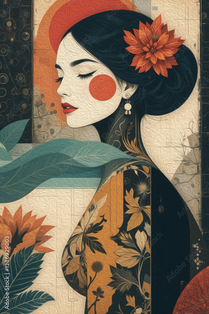 Fototapeta premium Fictional female character. Oil painting. Artistic brush strokes.