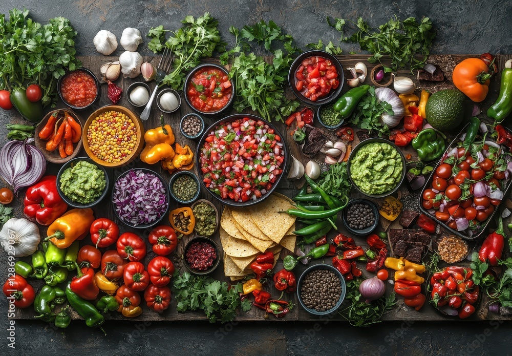 Fototapeta premium Vibrant Array of Fresh Ingredients for Healthy Cooking with Colorful Vegetables, Dips, and Tortilla Chips on Wooden Serving Board