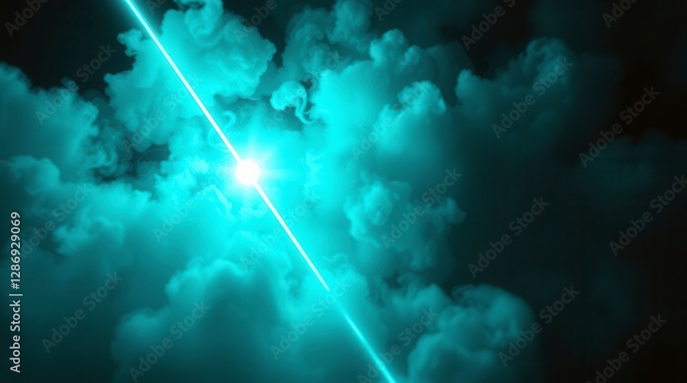 Fototapeta premium A teal laser beam cuts across billowing cumulus clouds in a dazzling display of light.
