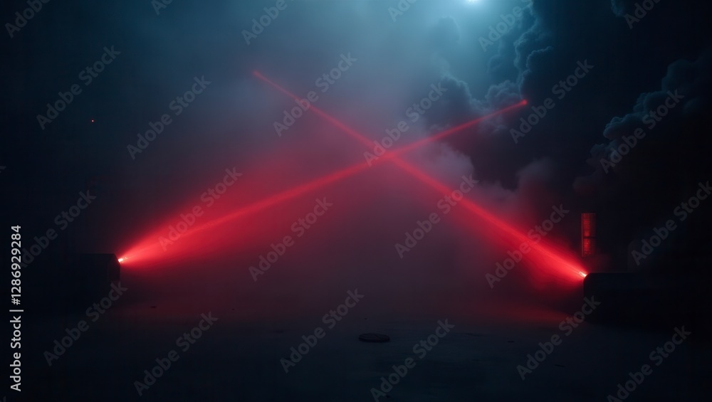 Obraz premium Dramatic red laser beams pierce through the heavy fog, creating a powerful and eerie visual.