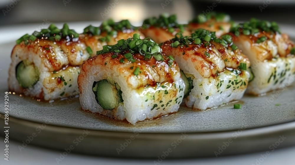 Gourmet sushi rolls, restaurant setting, close-up, delicious display Gourmet sushi rolls, restaurant setting, close-up, delicious display