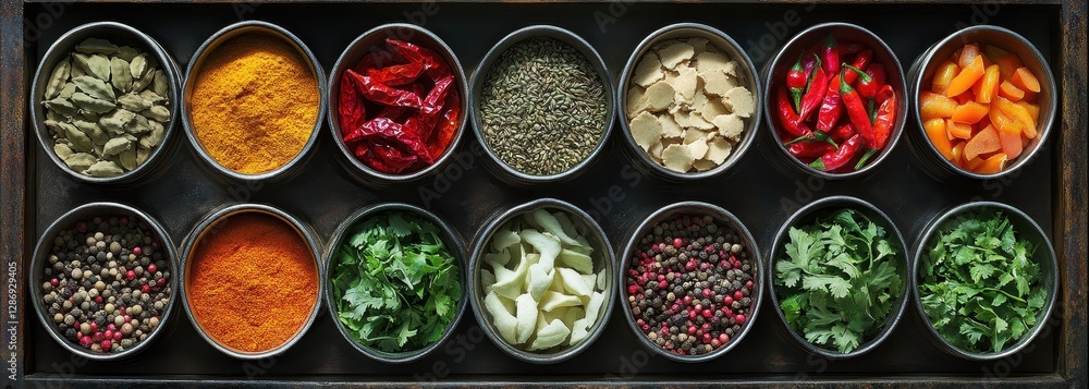 Vibrant Array of Spices and Herbs in Circular Containers on Wooden Background Showcasing Diverse Colors and Textures Ideal for Culinary Inspirations Vibrant Array of Spices and Herbs in Circular Containers on Wooden Background Showcasing Diverse Colors and Textures Ideal for Culinary Inspirations