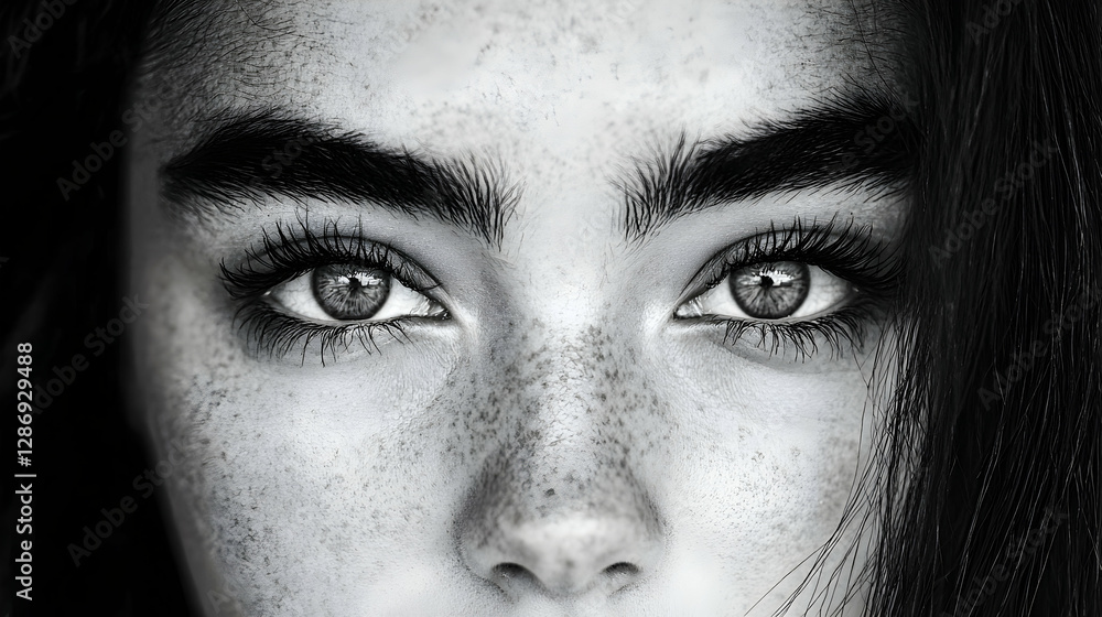 Naklejka premium Close-up black and white portrait of a young woman with expressive eyes, thick eyebrows, and prominent freckles.