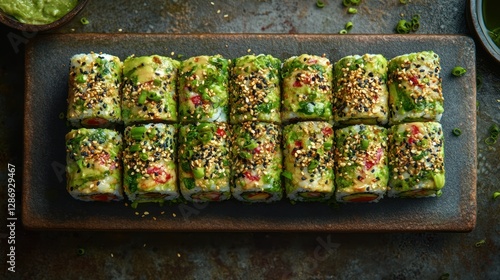 Gourmet sushi rolls on rustic board, with sauces and garnishes in background.  Possible use Food photography