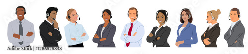 Diverse Call center business team. Smiling hotline office workers with headsets. Customer support department staff, telemarketing agents. Multicultural business people realistic vector illustrations.