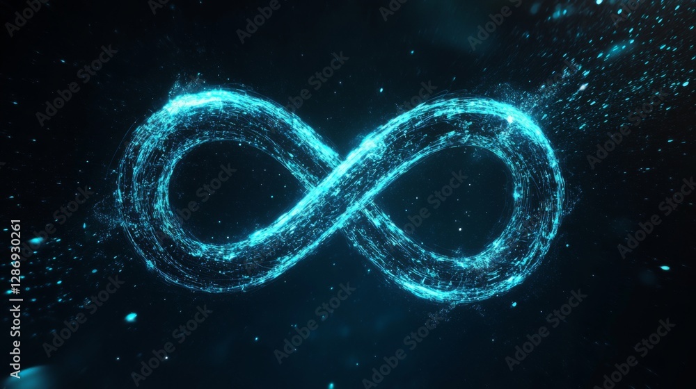 Glowing neon blue infinity symbol on dark background with sparkling particles