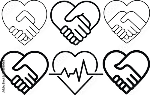 Heart and handshake icons with heartbeat line symbol of love, care, and unity