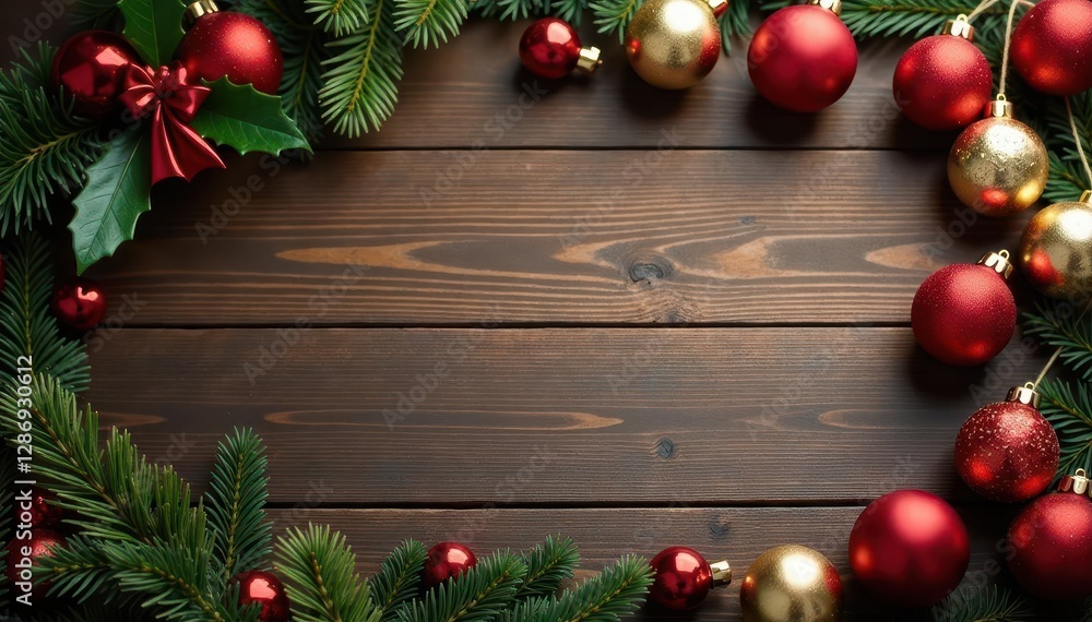 Elegant Empty Wooden Table with Christmas Elements, defocused image, holiday decor, minimalism Elegant Empty Wooden Table with Christmas Elements, defocused image, holiday decor, minimalism
