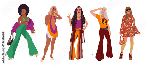 Beautiful hippie girls in fashion retro 70s stylish outfit. Cartoon portraits of cute young women, groovy babies. Hand drawn Vector illustrations isolated