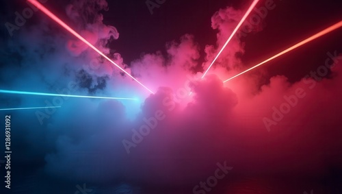 Vibrant laser beams cut through billowing smoke clouds, creating a mesmerizing and futuristic spectacle.