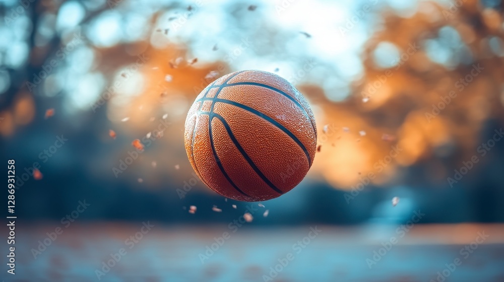 A Basketball Floating Against Autumnal Leaves And A Blurred Backdrop A Basketball Floating Against Autumnal Leaves And A Blurred Backdrop