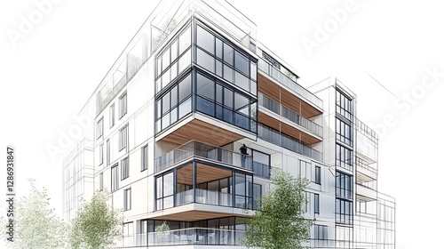 Detailed architectural sketch of modern glass and steel office high resolution picture