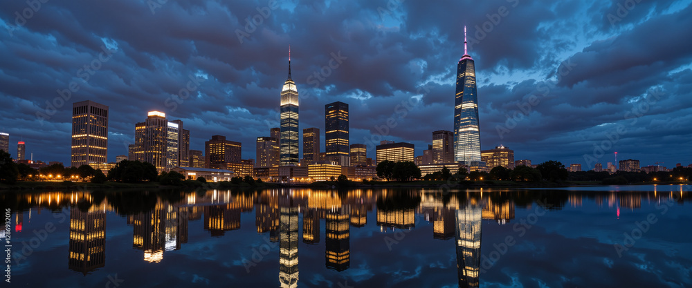 Fototapeta premium City skyline at dusk with vibrant reflections in water showcasing modern skyscrapers and dramatic cloud formations