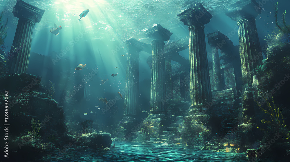 Obraz premium An enchanting view of an underwater ruin, featuring ancient pillars, soft light, and surrounding marine life in a serene, mystical setting. Ancient Ruins Underwater. Illustration