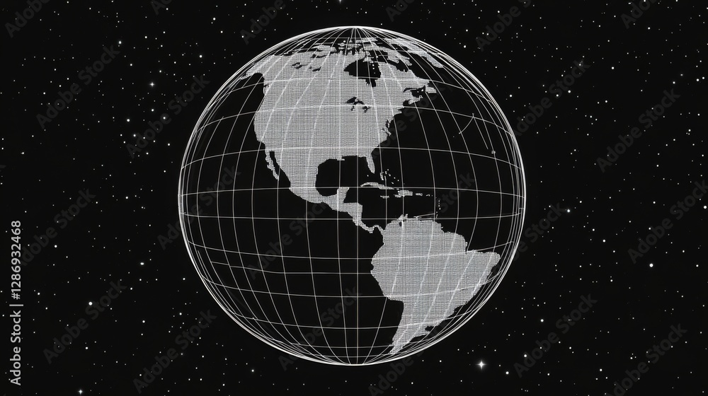 Naklejka premium Digital wireframe globe on starry background featuring americas