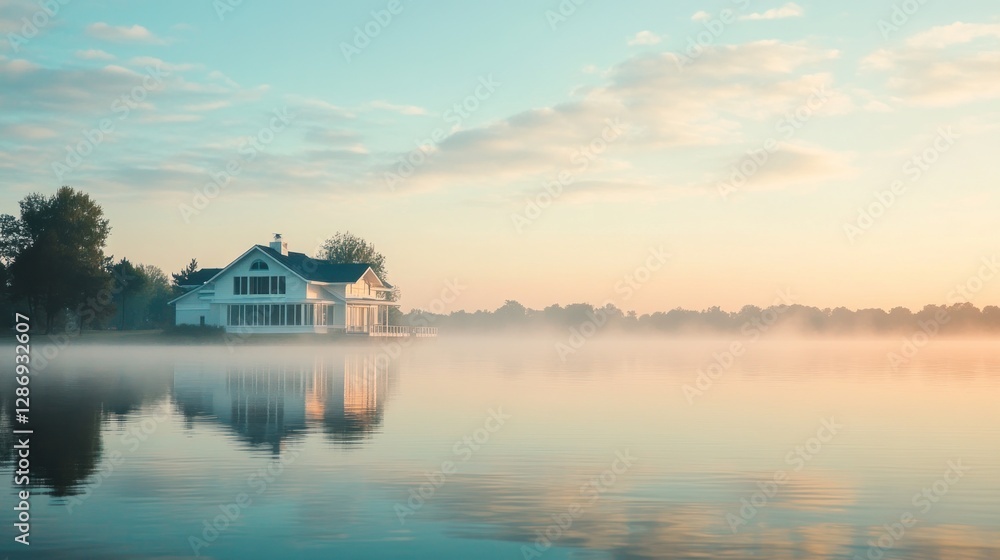 Fototapeta premium Lake House at Dawn with Fog and Water Reflections
