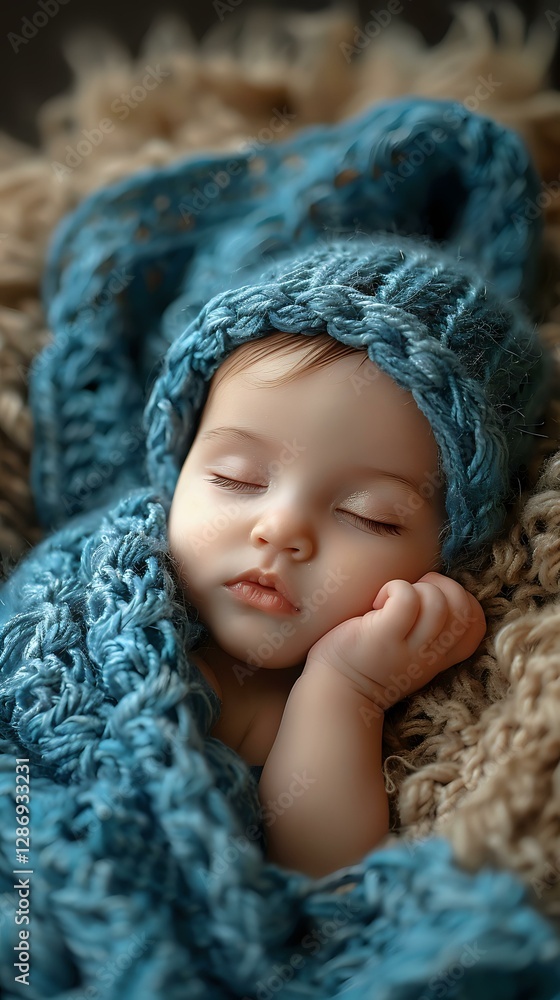 Peaceful sleeping baby wrapped in soft turquoise knitted blanket, lying on beige textured surface, close-up portrait showing innocent expression and gentle features. Peaceful sleeping baby wrapped in soft turquoise knitted blanket, lying on beige textured surface, close-up portrait showing innocent expression and gentle features.