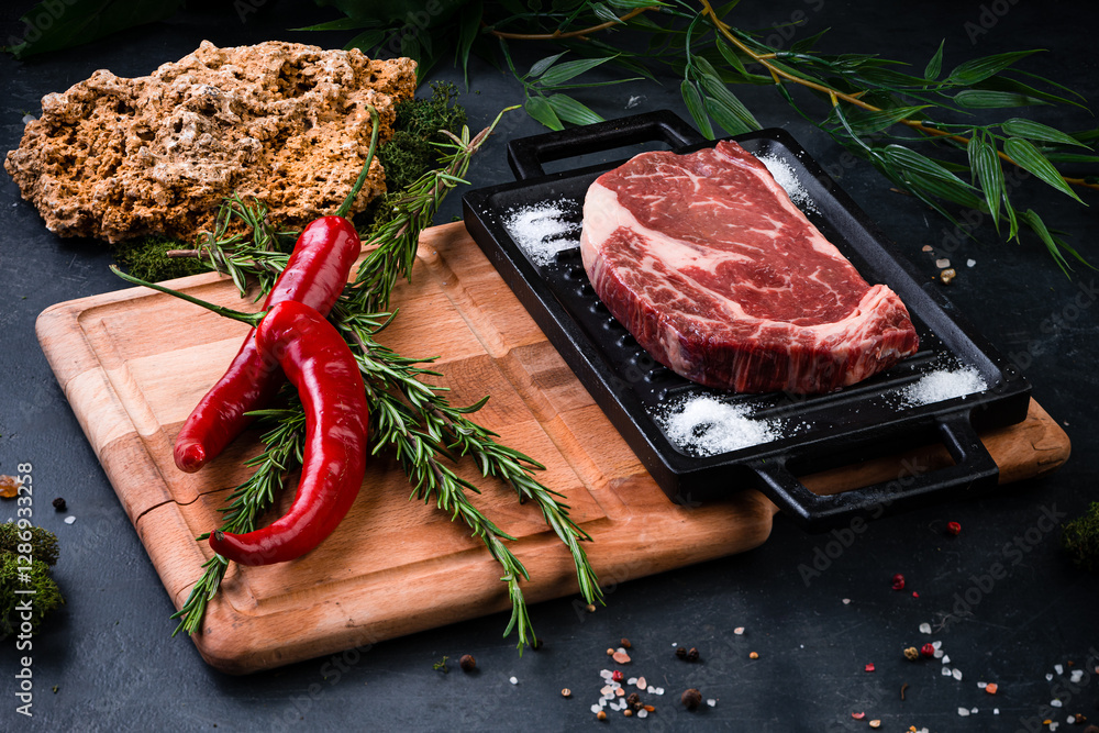 raw steak meat with pepper, salt and rosemary is prepared for grilling